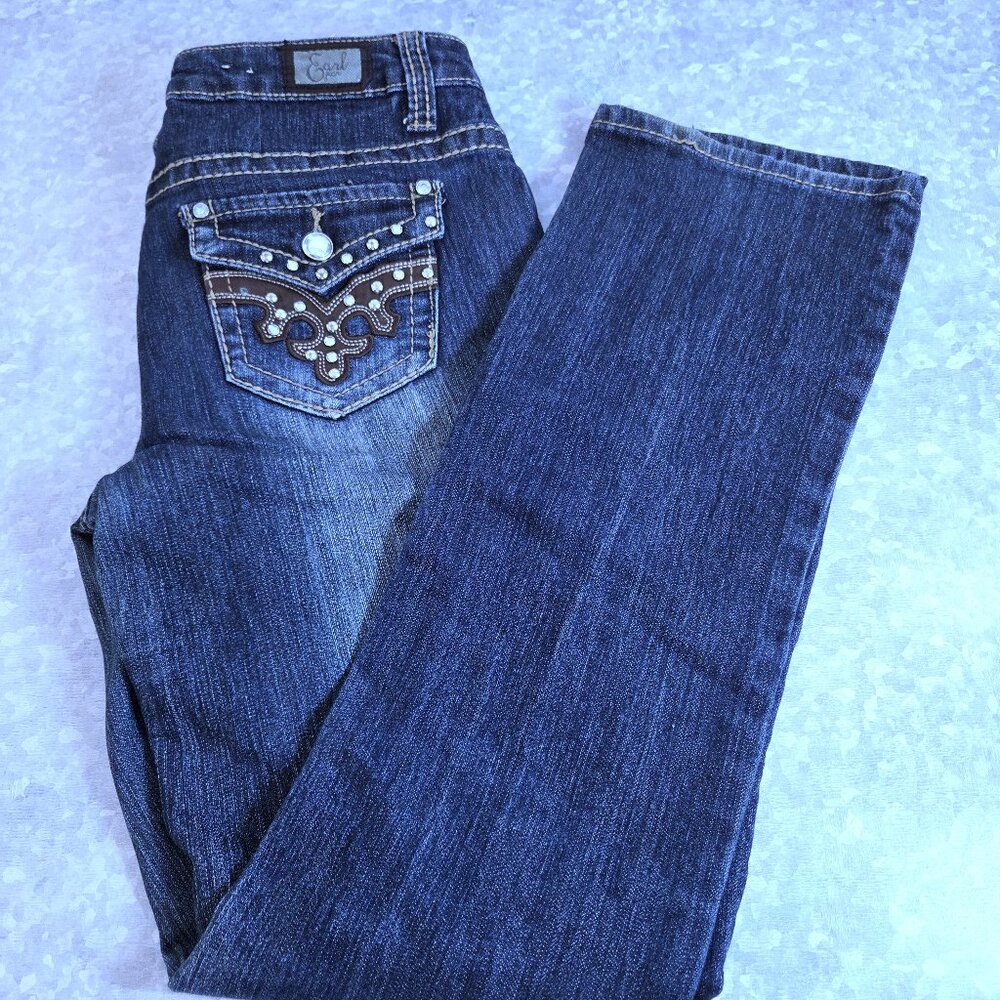 Earl Jean Straight Leg Embellished Embroidered Rhinestone Pocket Jeans Size 4